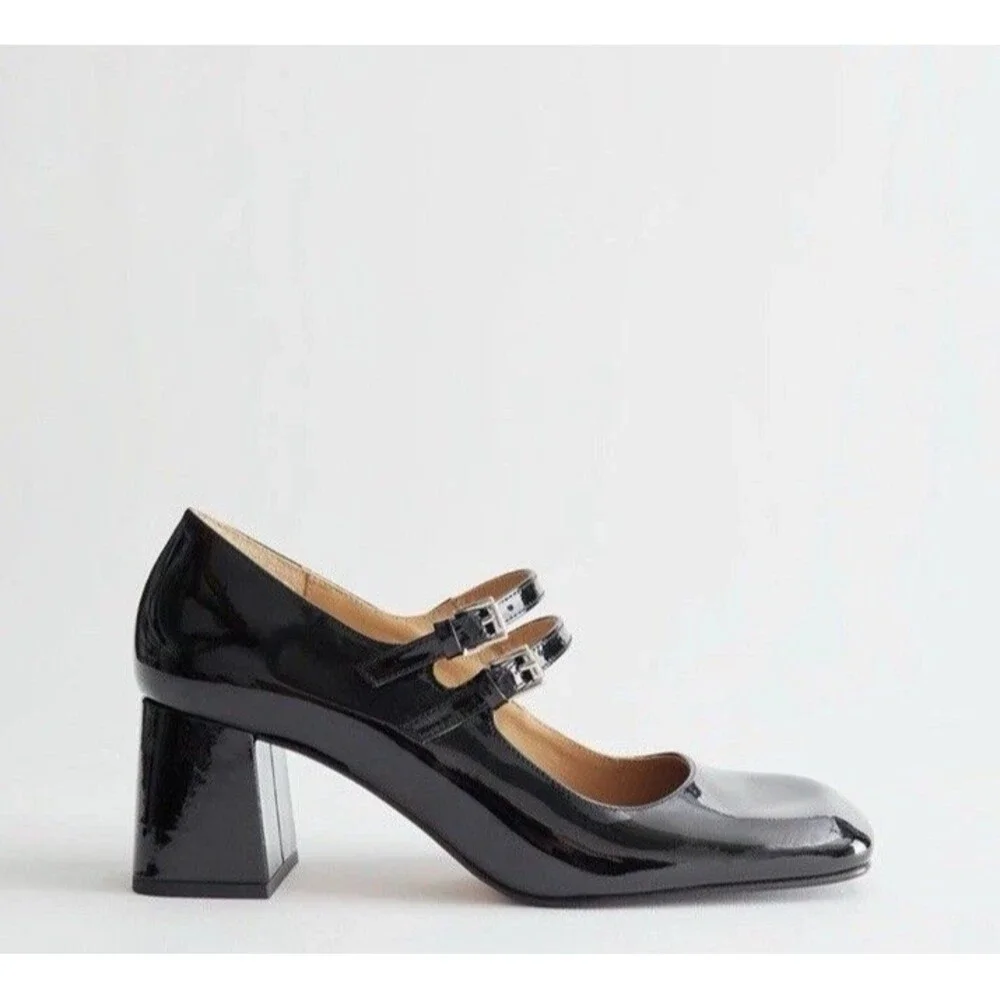 & Other Stories Patent Leather Mary Jane Black Pumps Size 41 US 10 Blocked Heel
